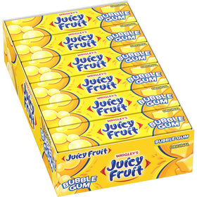 Juicy Fruit Gum original bubble chew close-up shows bold fruity flavor for instant mood lift