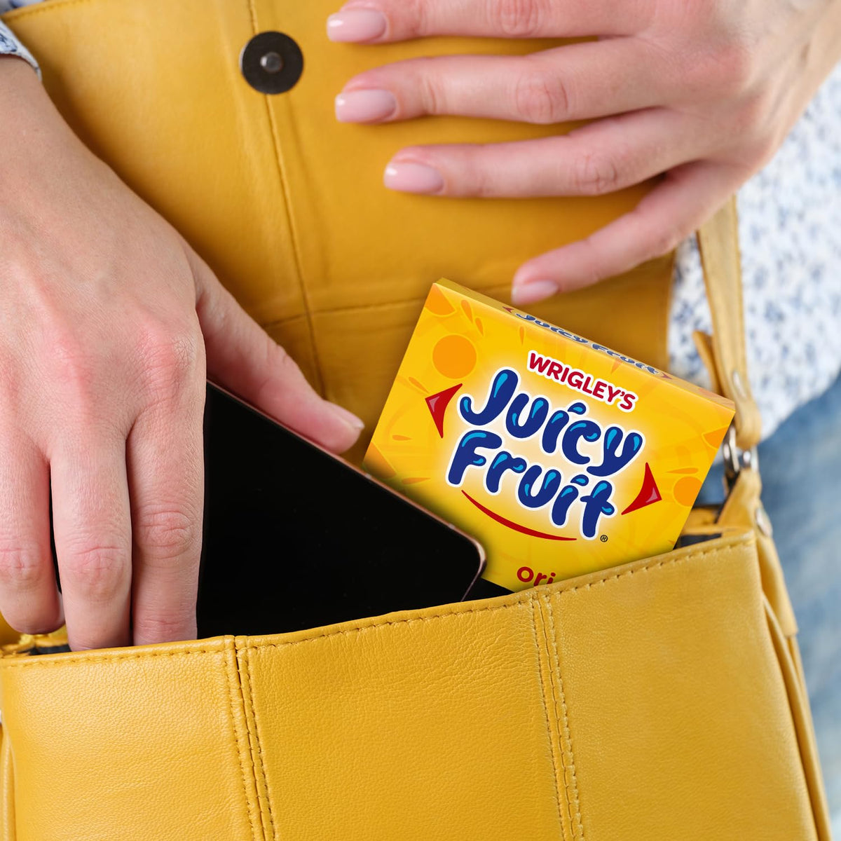 Juicy Fruit Original bubblegum wrap closeup showing individually wrapped sticks for convenience