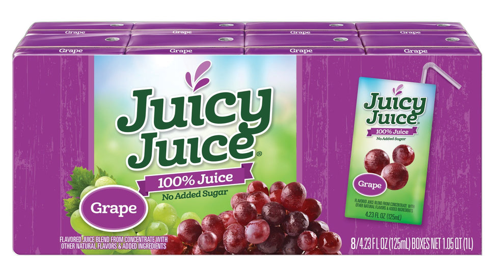 Juicy Juice grape box on-the-go snack, 100% juice, no added sugar.