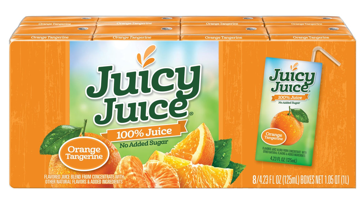 Juicy Juice orange tangerine box, 100% juice for kids with no added sugars.