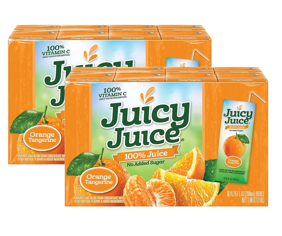 Juicy Juice orange tangerine boxes stacked for convenient lunchbox storage.