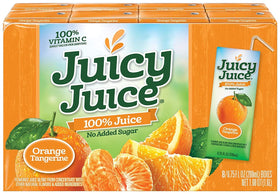 Juicy Juice orange tangerine being poured into a glass for easy serving.
