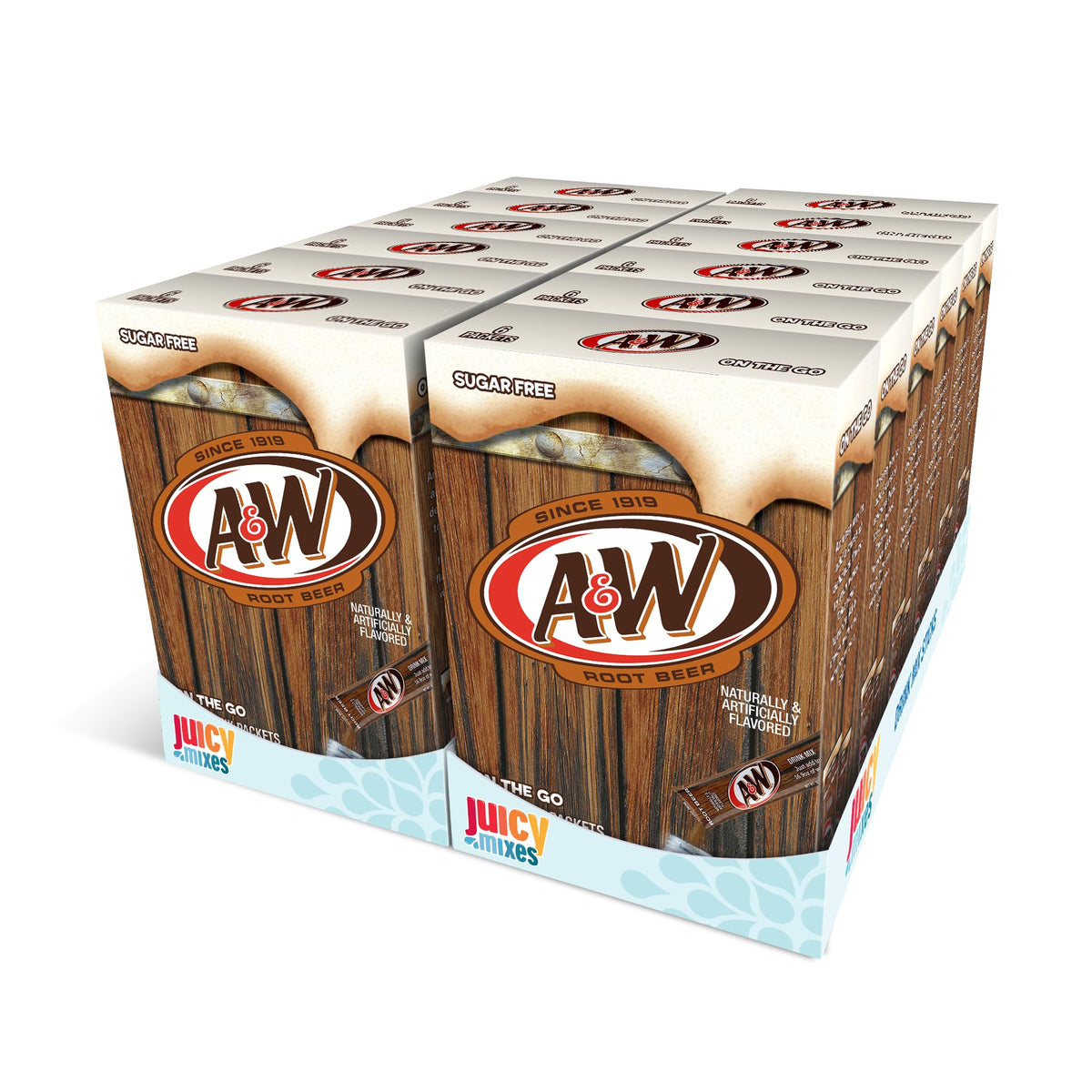 Juicy Mixes A&W Root Beer bottle pour, sugar-free hydration option.