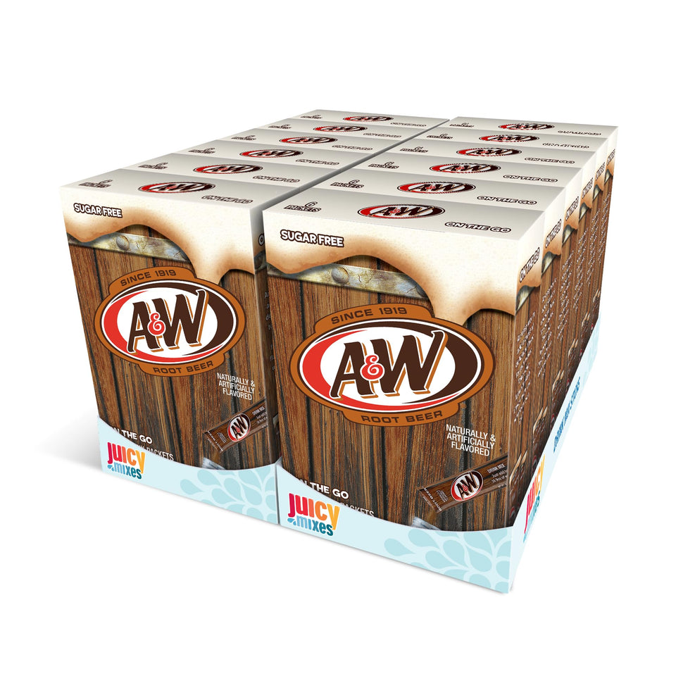 Juicy Mixes A&W Root Beer bottle pour, sugar-free hydration option.