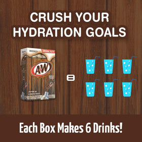 Juicy Mixes A&W Root Beer sticks box, convenient flavor source for on-the-go.