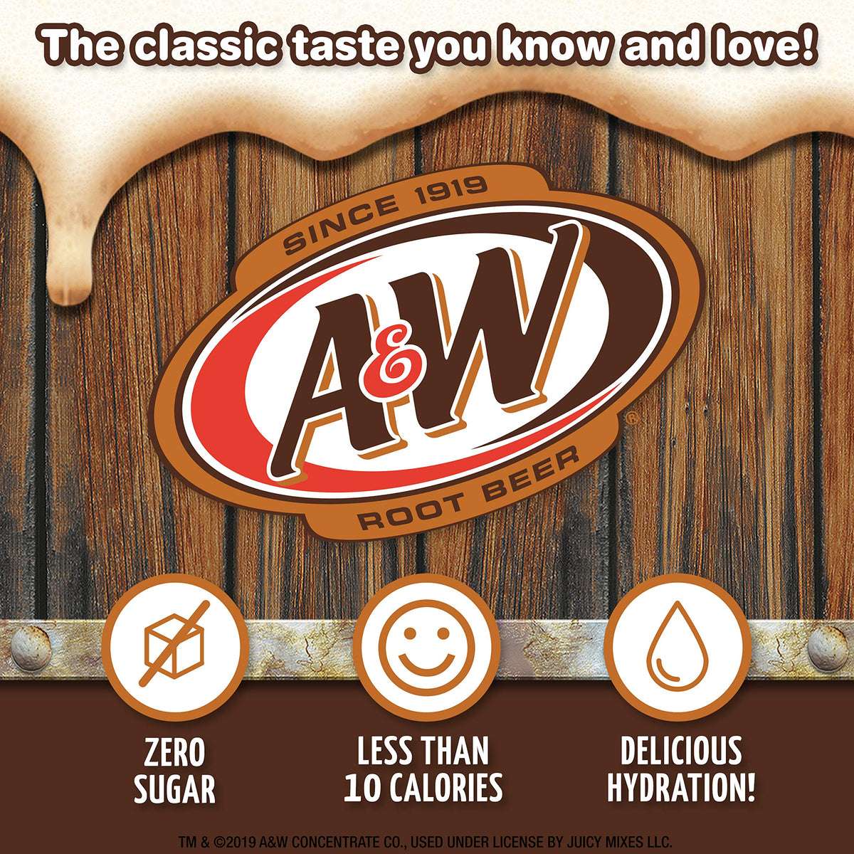 Juicy Mixes A&W Root Beer powder near glass, ready to flavor water.