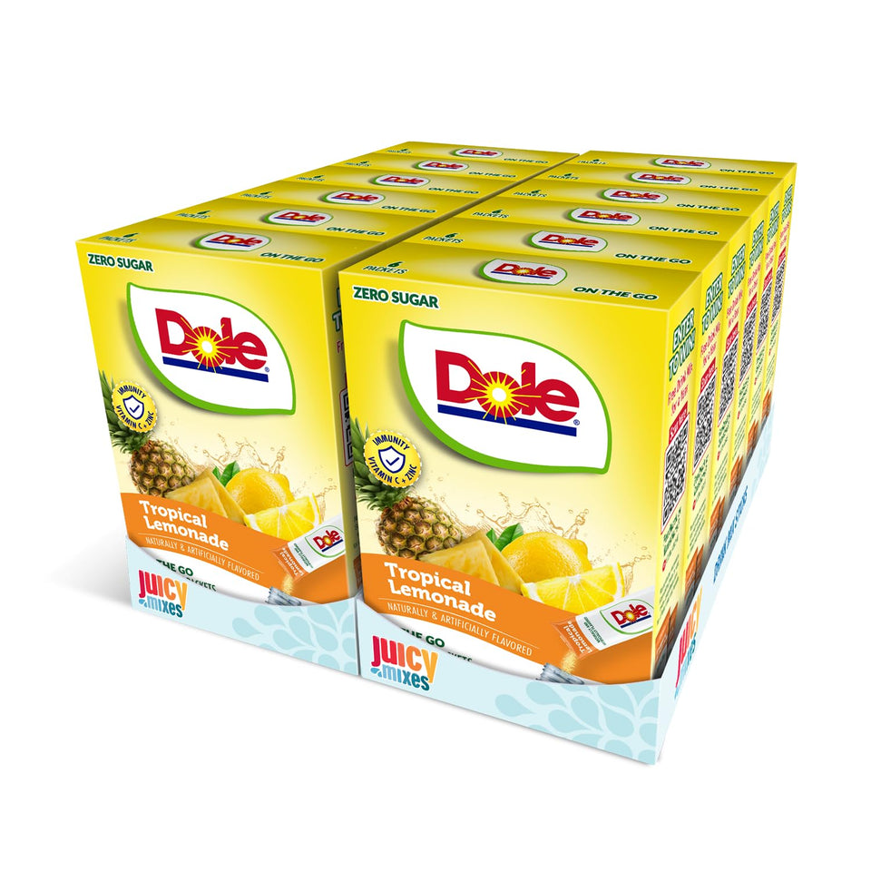 Juicy Mixes Dole Tropical Lemonade powder drink mix showing sugar-free tropical refreshment on the go