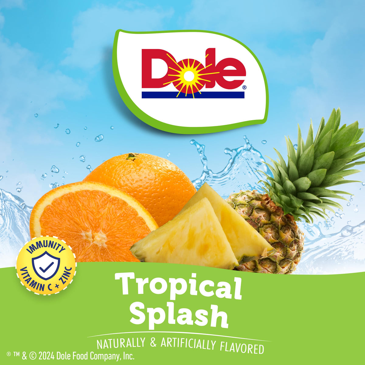 Juicy Mixes Dole Tropical Splash bottle label highlighting sugar-free flavor.