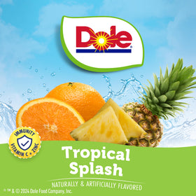 Juicy Mixes Dole Tropical Splash bottle label highlighting sugar-free flavor.