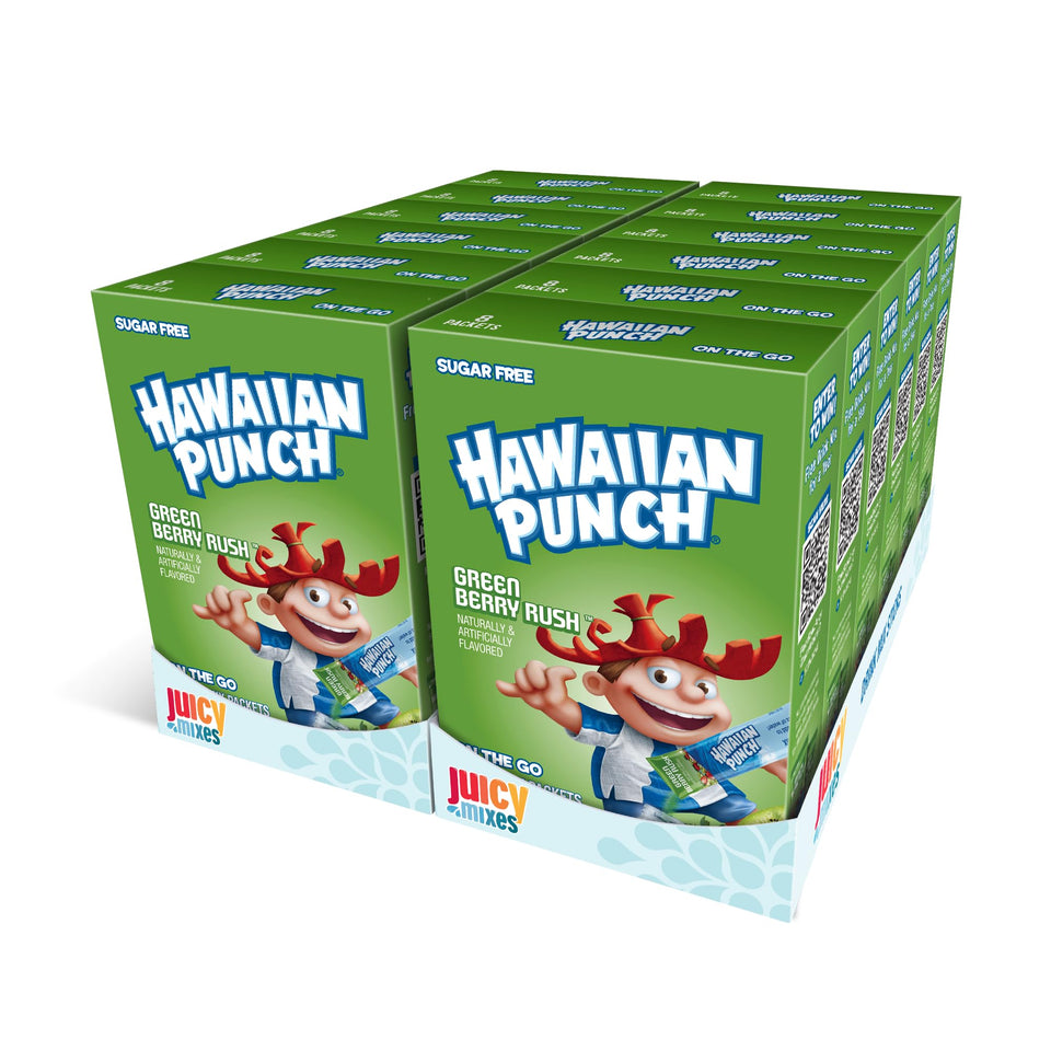Juicy Mixes Hawaiian Punch Green Berry Rush box showcases convenient, vitamin C rich flavor