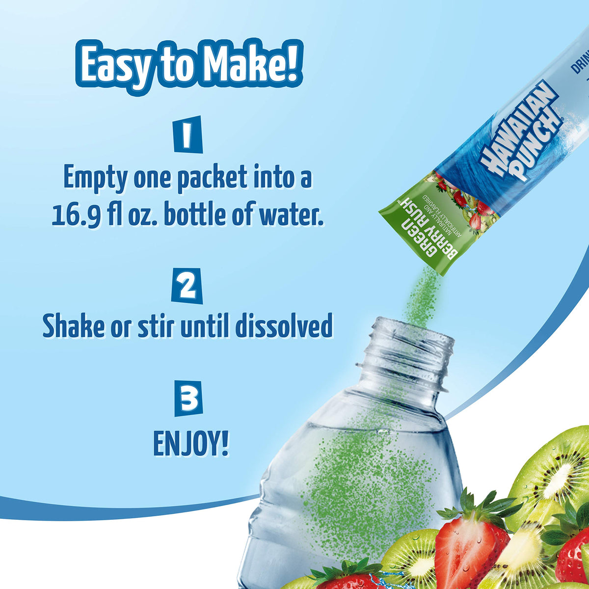 Juicy Mixes Hawaiian Punch Green Berry Rush powder being poured into a glass for a sugar-free refreshment