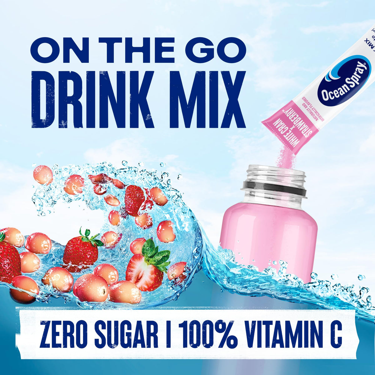 Juicy Mixes Ocean Spray White Cran-Strawberry packets show zero sugar option.