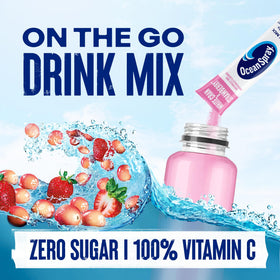 Juicy Mixes Ocean Spray White Cran-Strawberry packets show zero sugar option.