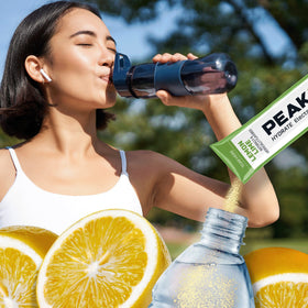 Juicy Mixes PeakH2O Lemon Lime label close-up highlighting zero sugar
