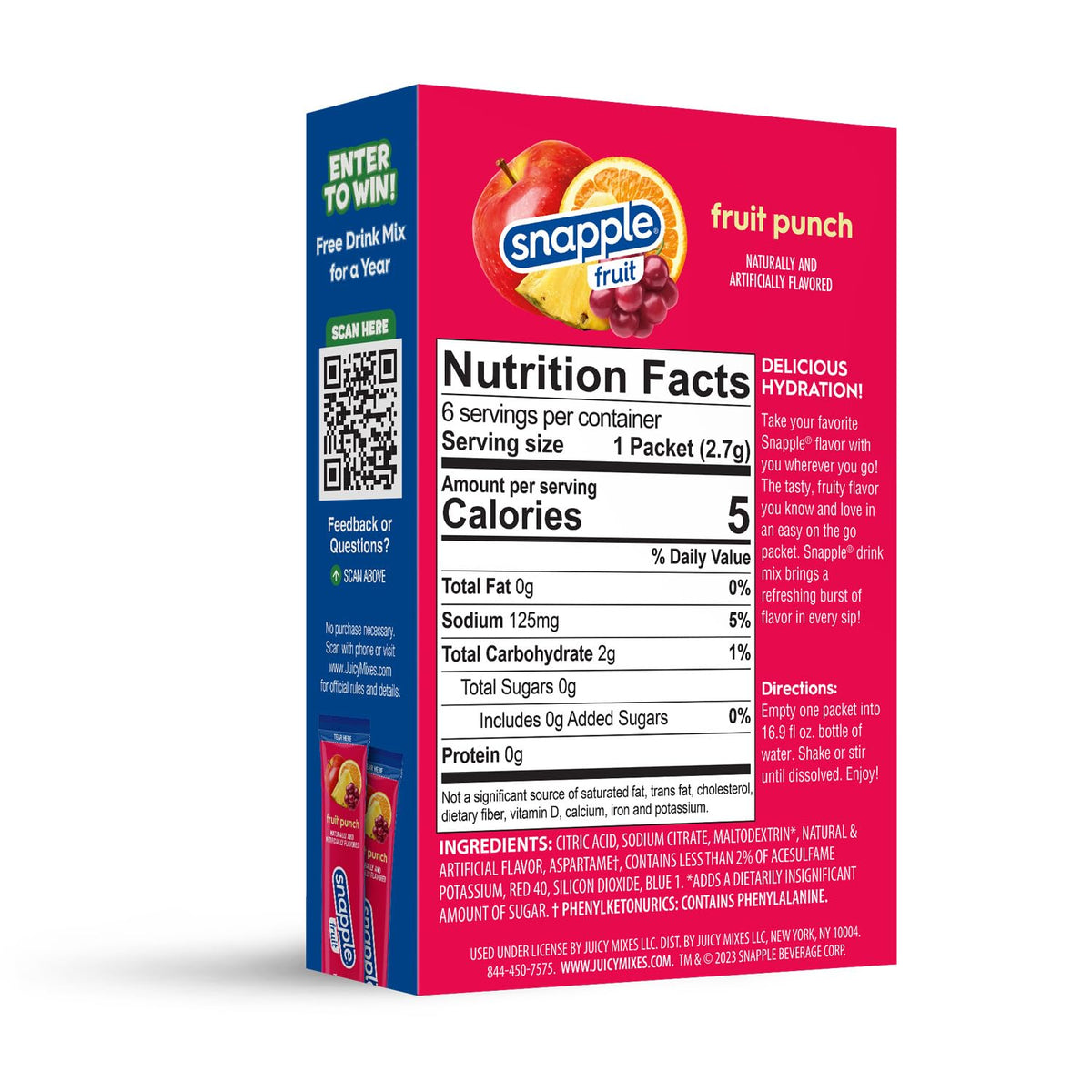 Juicy Mixes Snapple Fruit Punch box packaging shows the zero sugar option.