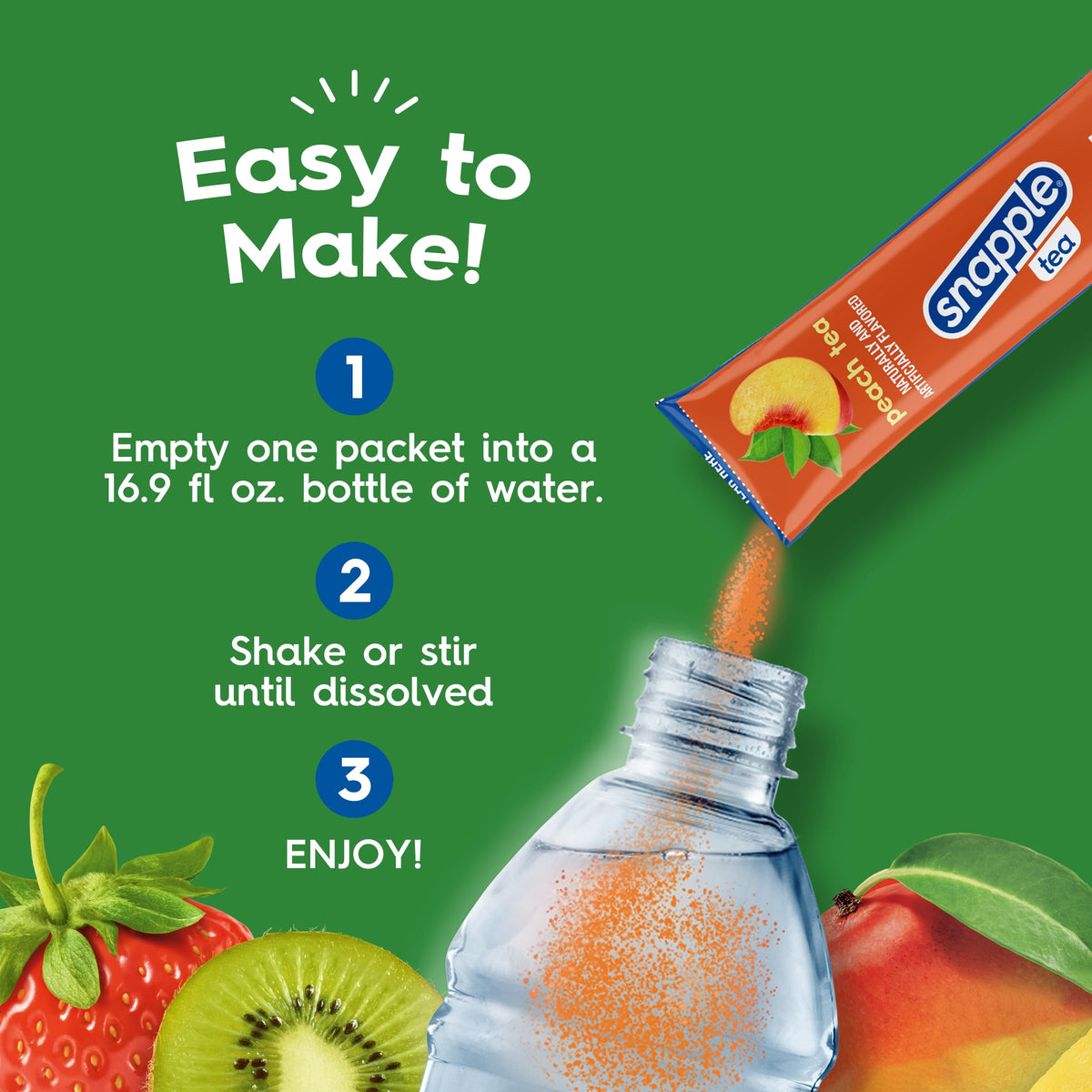 Juicy Mixes Snapple Tea Peach sticks ingredients panel notes sugar-free and flavor.