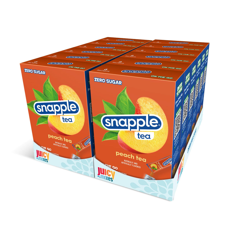 Juicy Mixes Snapple Tea Peach sticks pack front shows sugar-free peach flavor.