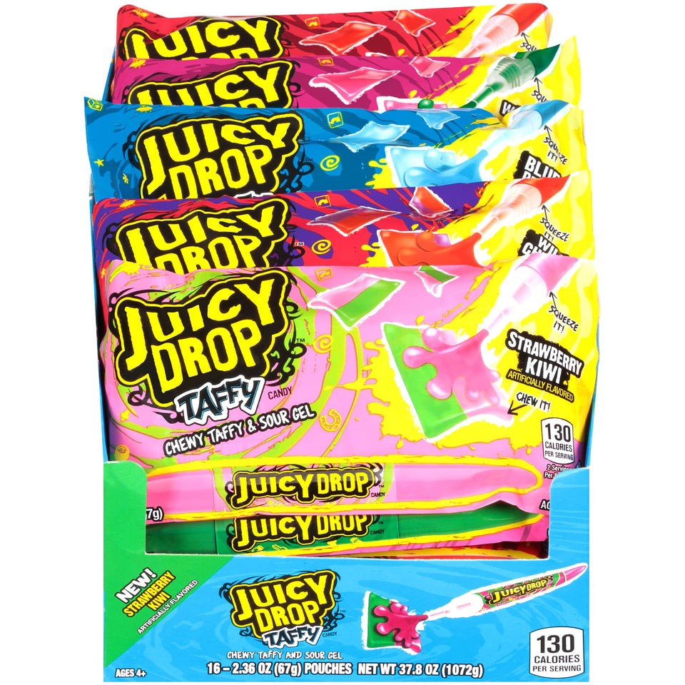 Juicy Drop Taffy variety pack dispensers showcase sweet and sour flavor combos for on-the-go snacking.