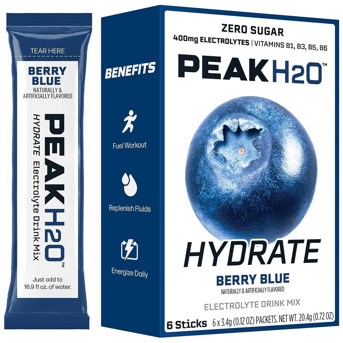 PeakH2O Berry Blue dissolving in water for a crisp, zero-calorie sip.