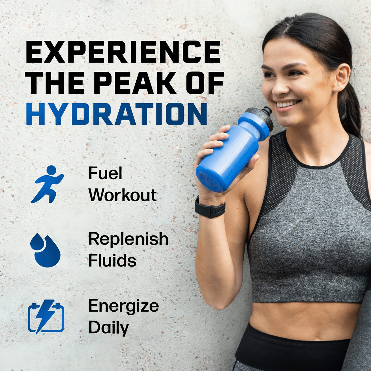 Shaker with PeakH2O Berry Blue for a post-workout drink.