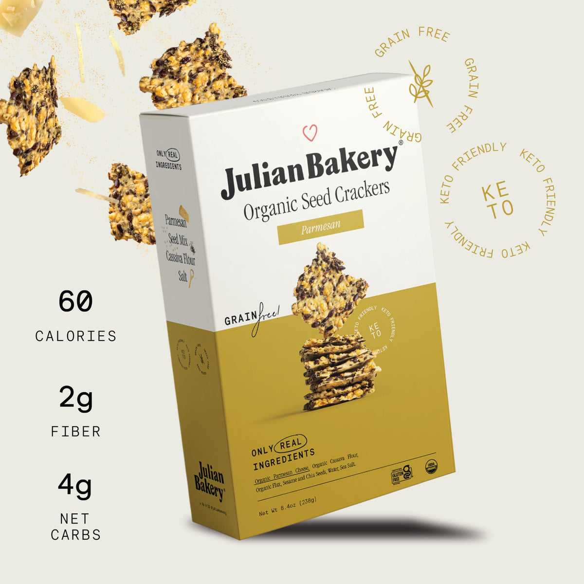Julian Bakery Organic Primal Thin Crackers Parmesan close-up showing savory Parmesan flavor.