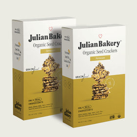 Julian Bakery Organic Primal Thin Crackers Parmesan packaging for on-the-go snacking.