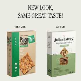 Julian Bakery Paleo Thin Crackers salt and pepper — crispy texture suitable for dipping into dips and spreads.