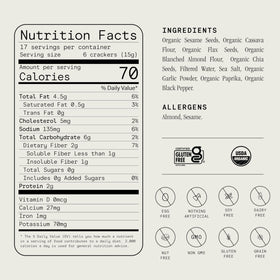 Julian Bakery Paleo Thin Crackers salt and pepper — ingredients closeup highlight almond and flax, natural and wholesome.