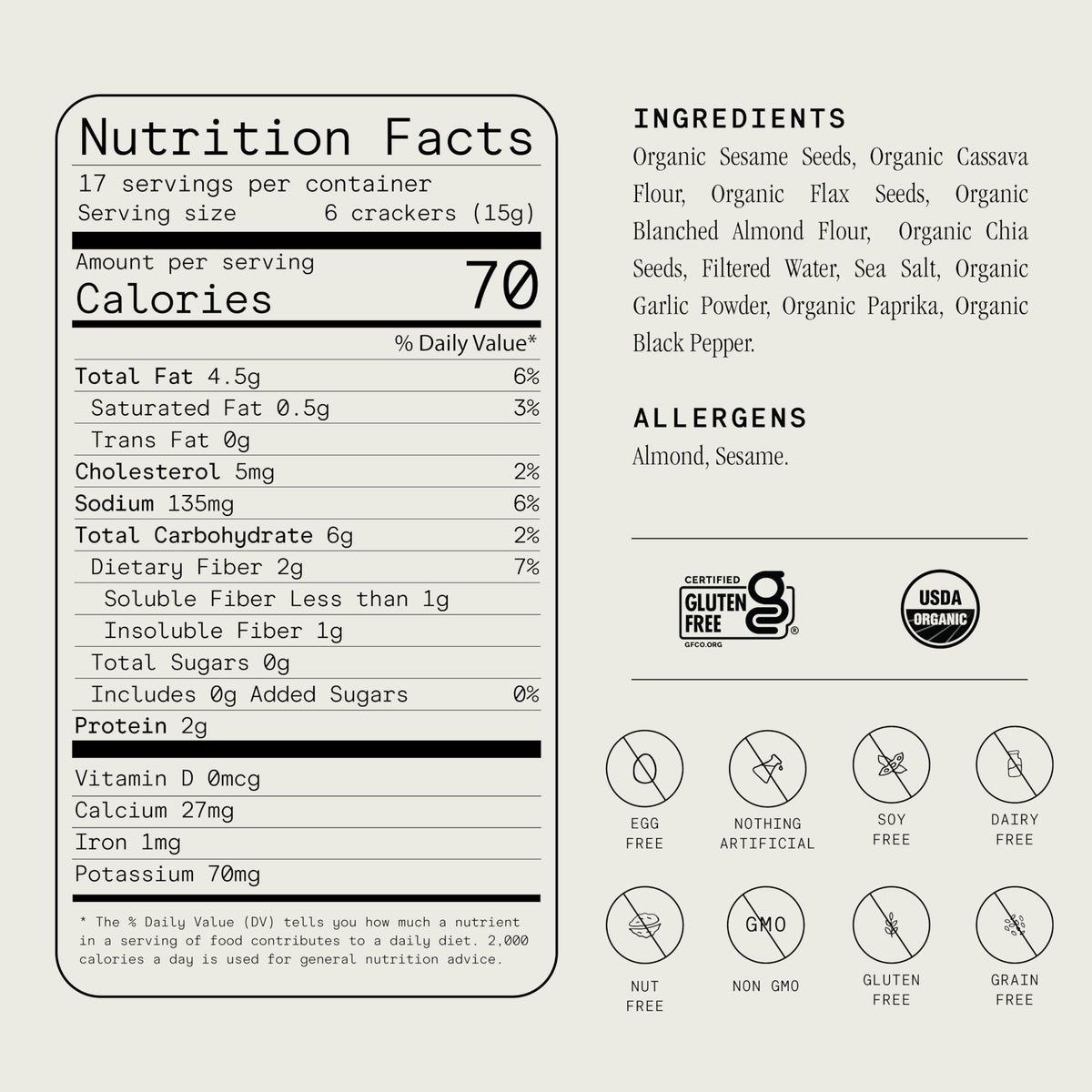 Julian Bakery Paleo Thin Crackers Salt Pepper packaging showing organic label, GMO-free snack option.