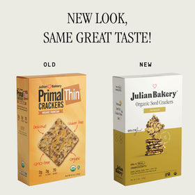 Julian Bakery Primal Thin Crackers Parmesan dip-ready for tasty pairings.