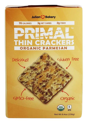 Julian Bakery Primal Thin Parmesan crackers in packaging highlighting organic, gluten-free ingredients.
