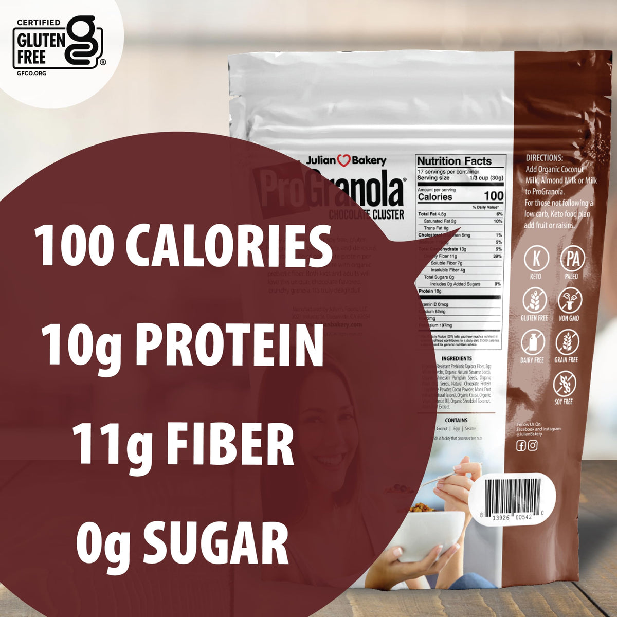 Close-up of ProGranola Chocolate cereal, low net carb crunch.
