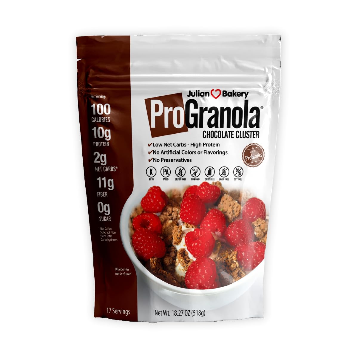 Julian Bakery ProGranola Chocolate packaging on shelf, gluten-free snack option.