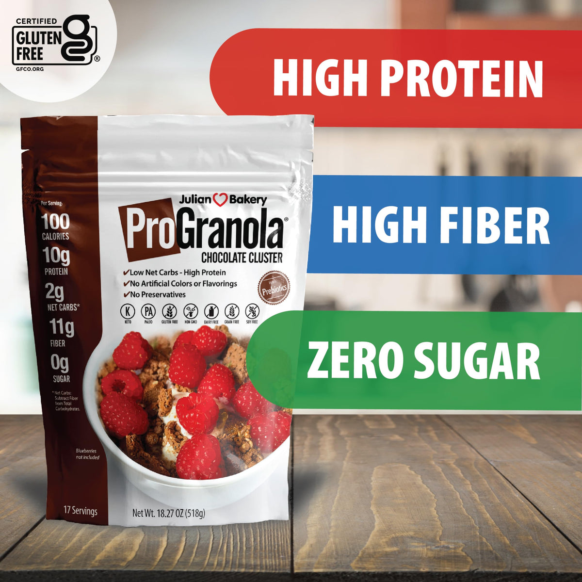 ProGranola Chocolate serving bowl, crunchy high-protein breakfast.