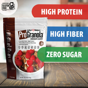 ProGranola Chocolate serving bowl, crunchy high-protein breakfast.