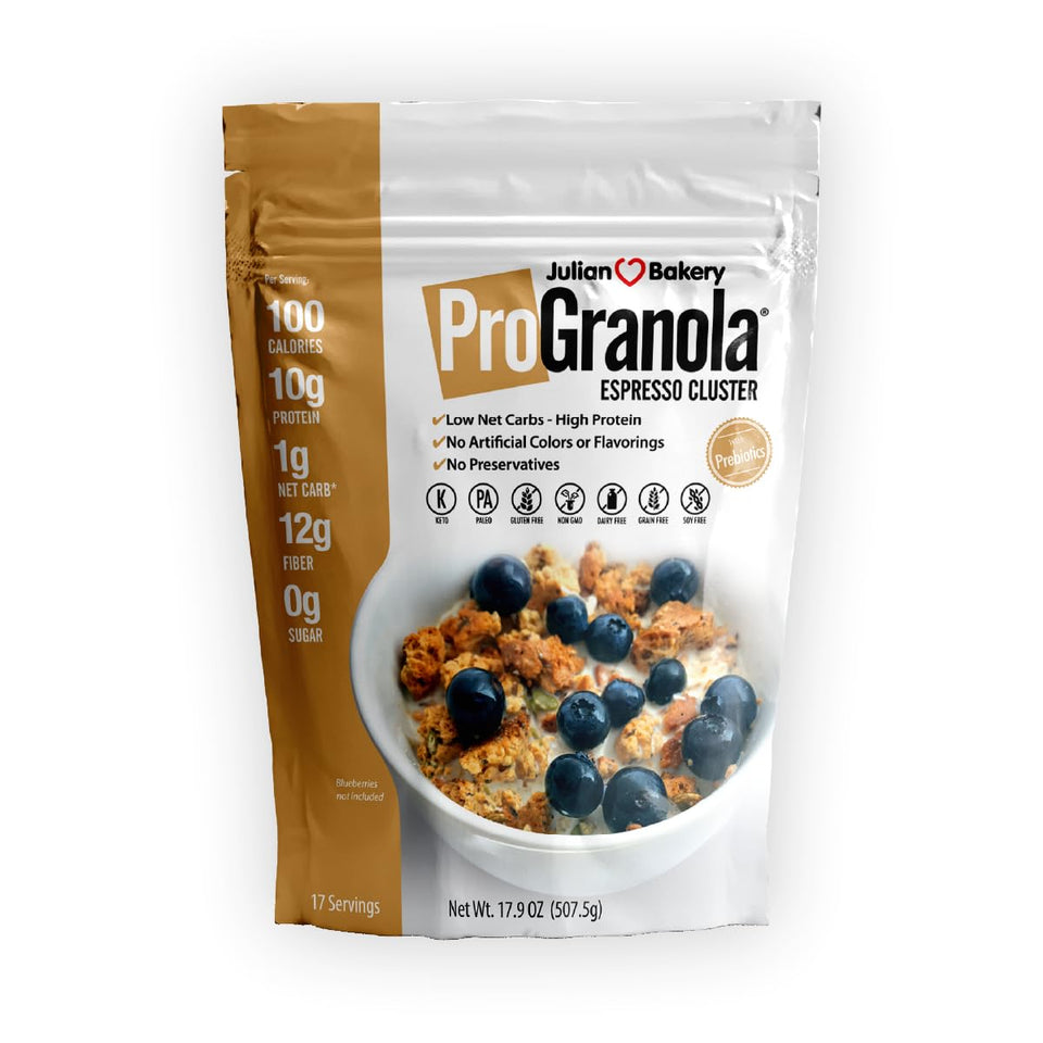 Julian Bakery ProGranola Espresso bag showing portable breakfast option with rich aroma.