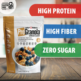 Julian Bakery ProGranola Espresso tub highlights protein-packed crunchy texture.