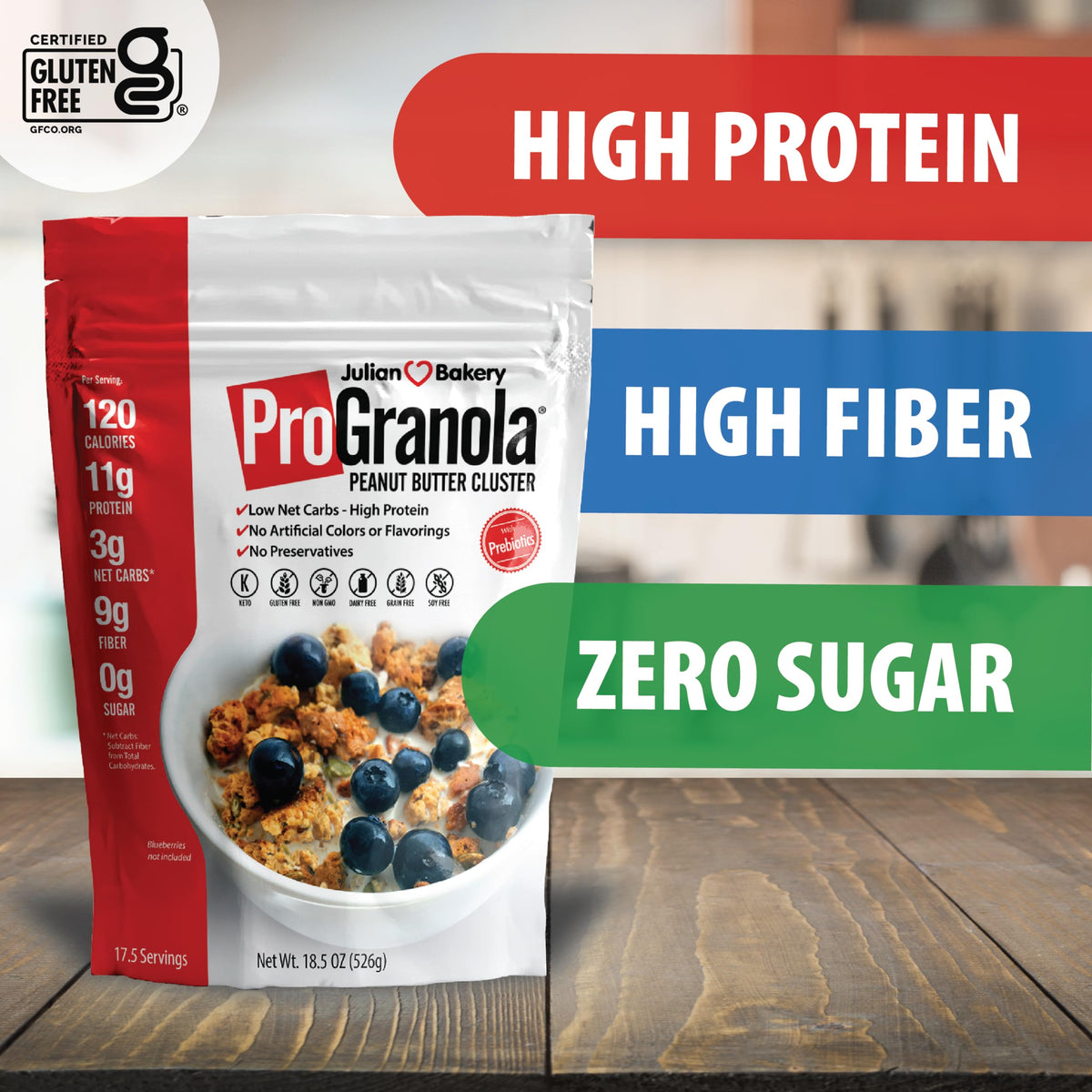 Julian Bakery ProGranola Peanut Butter Cluster serving with milk for a quick energy boost