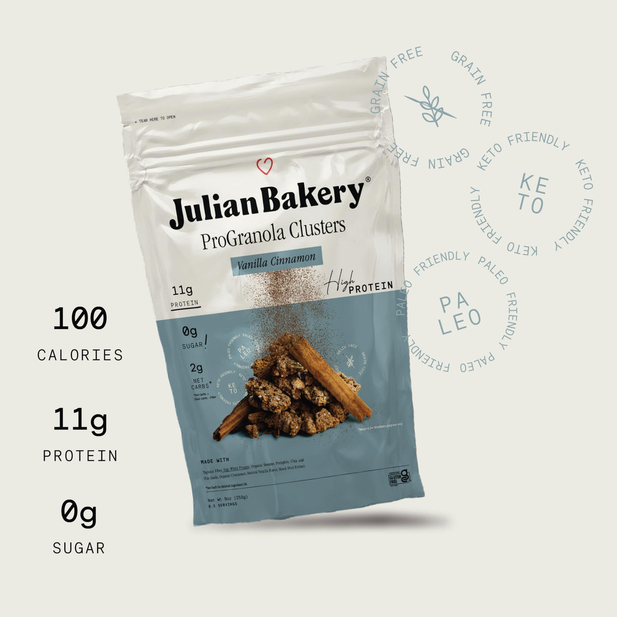 Close-up of ProGranola Vanilla Cinnamon Cluster with milk pour for crunch and flavor