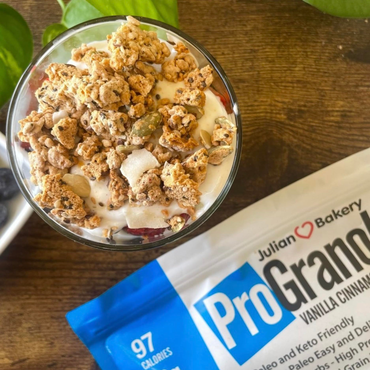 Nutrition-focused visuals on Julian Bakery ProGranola Vanilla Cinnamon packaging