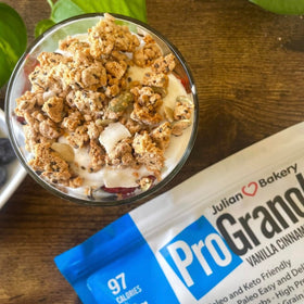 Nutrition-focused visuals on Julian Bakery ProGranola Vanilla Cinnamon packaging