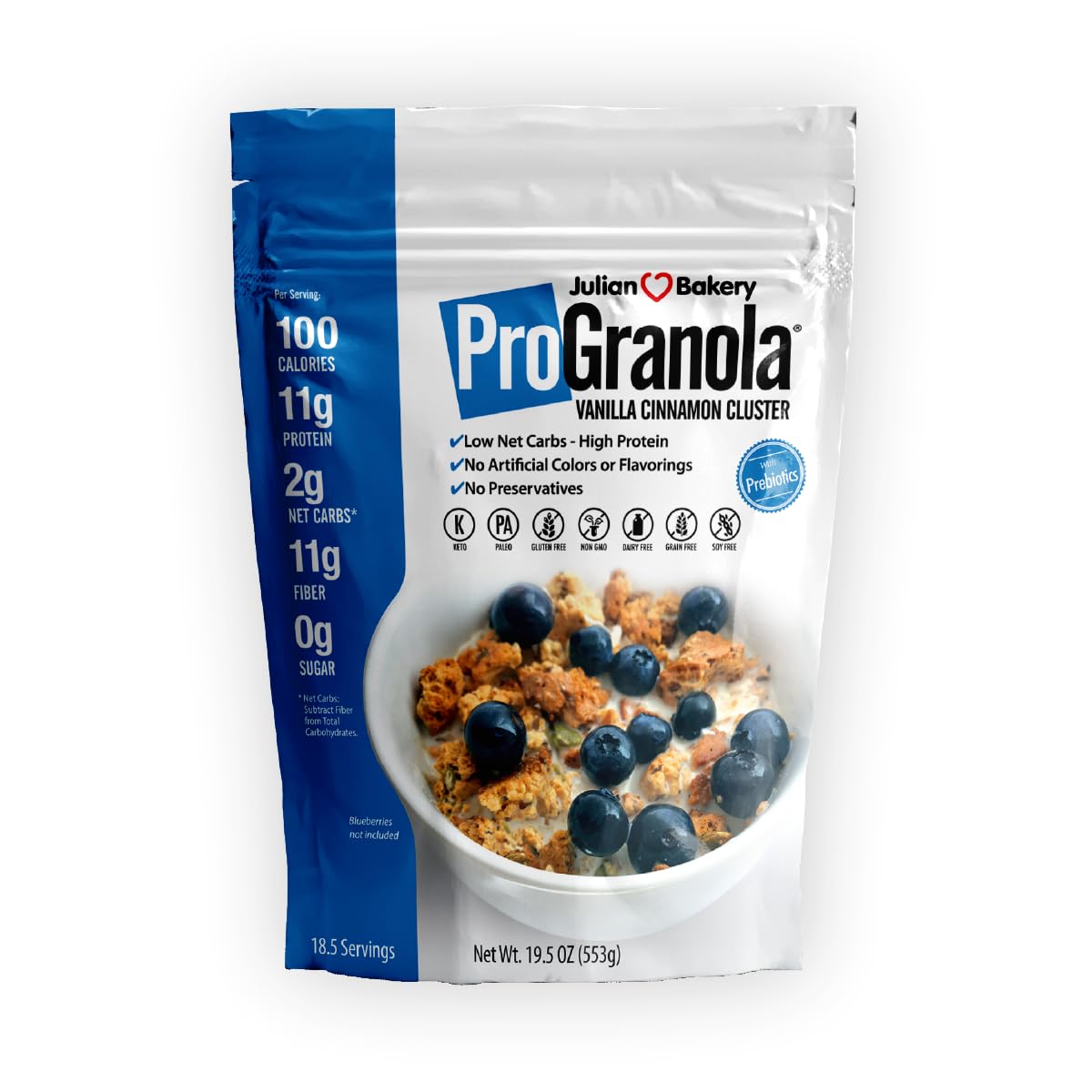 Julian Bakery ProGranola Vanilla Cinnamon packaging highlighting a gluten-free breakfast option