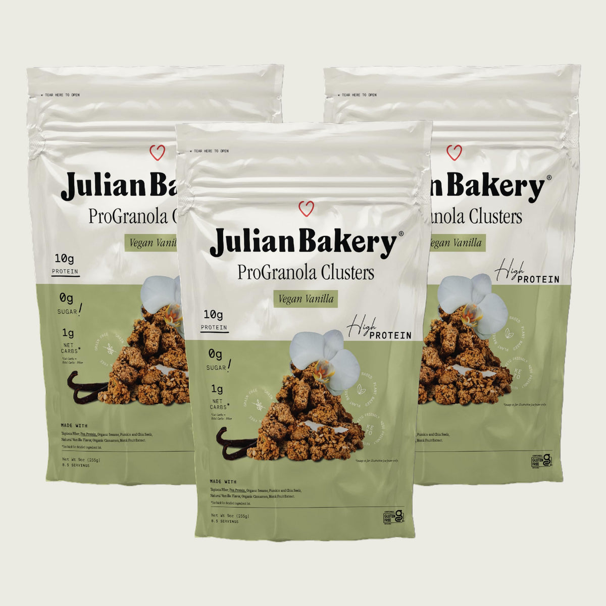 Julian Bakery ProGranola Vanilla Cluster bowl with berries, high-protein breakfast option.