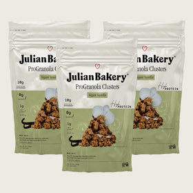 Julian Bakery ProGranola Vanilla Cluster bowl with berries, high-protein breakfast option.