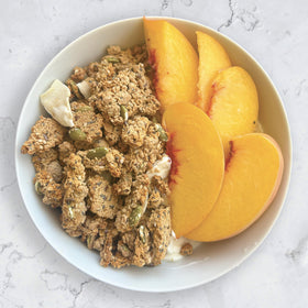 Julian Bakery ProGranola Vanilla Cluster bowl with yogurt, gluten-free snack for busy days.