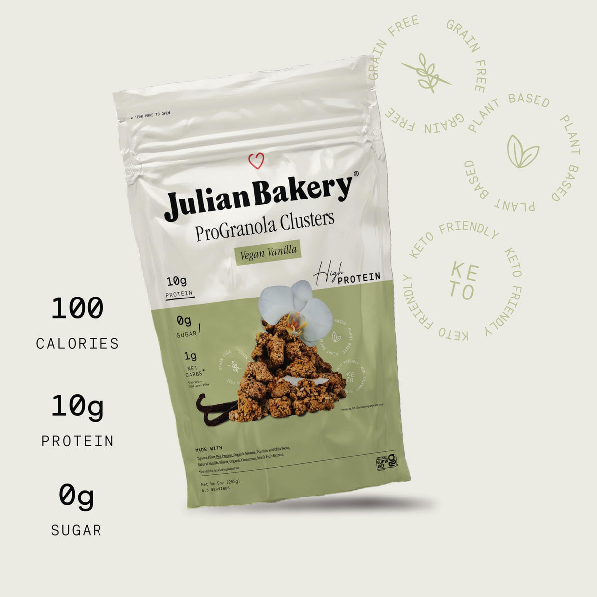 Julian Bakery ProGranola Vanilla Cluster serving cup, fiber-rich crunch for sustained energy.