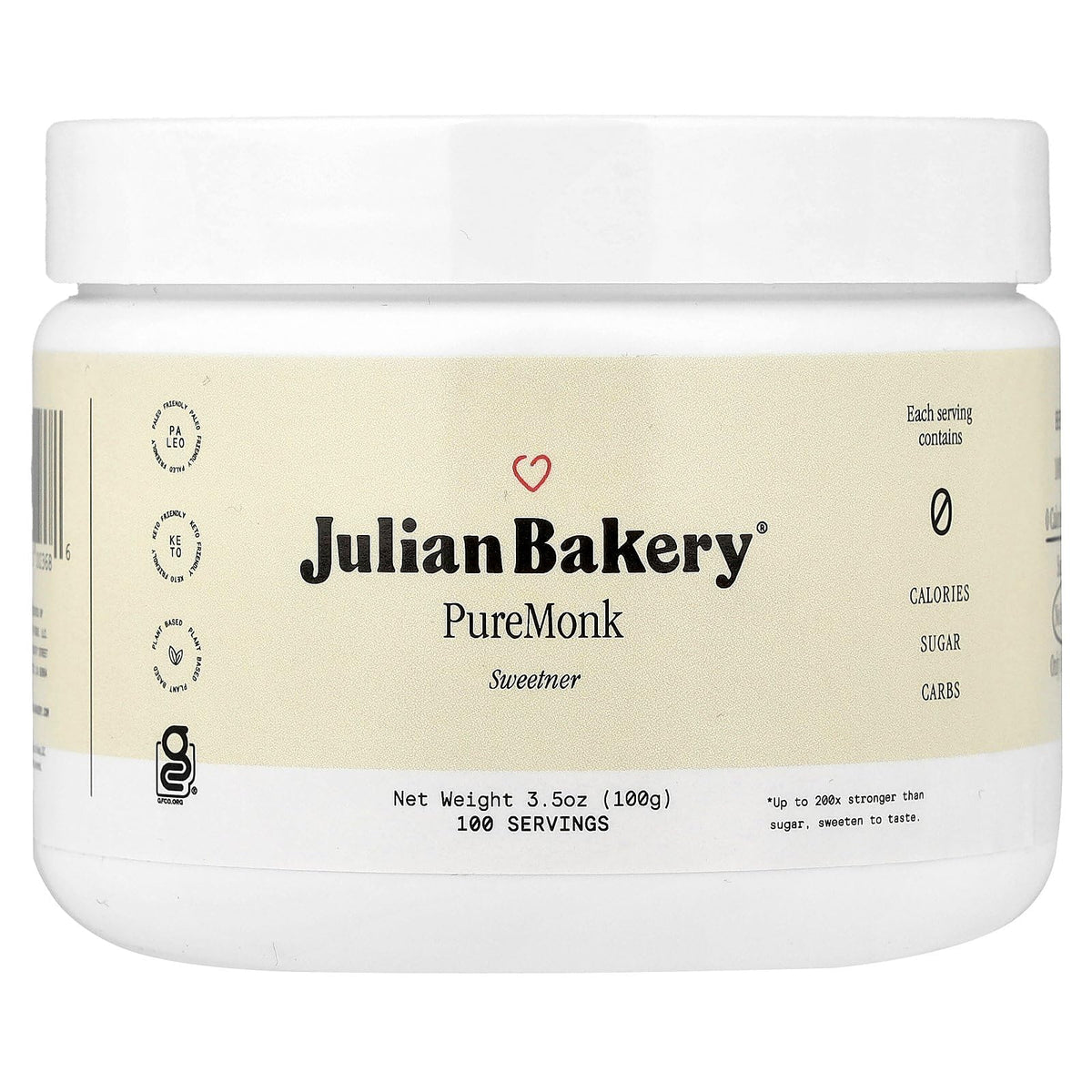 Julian Bakery Pure Monk bottle shows zero-calorie sweetness for everyday beverages.