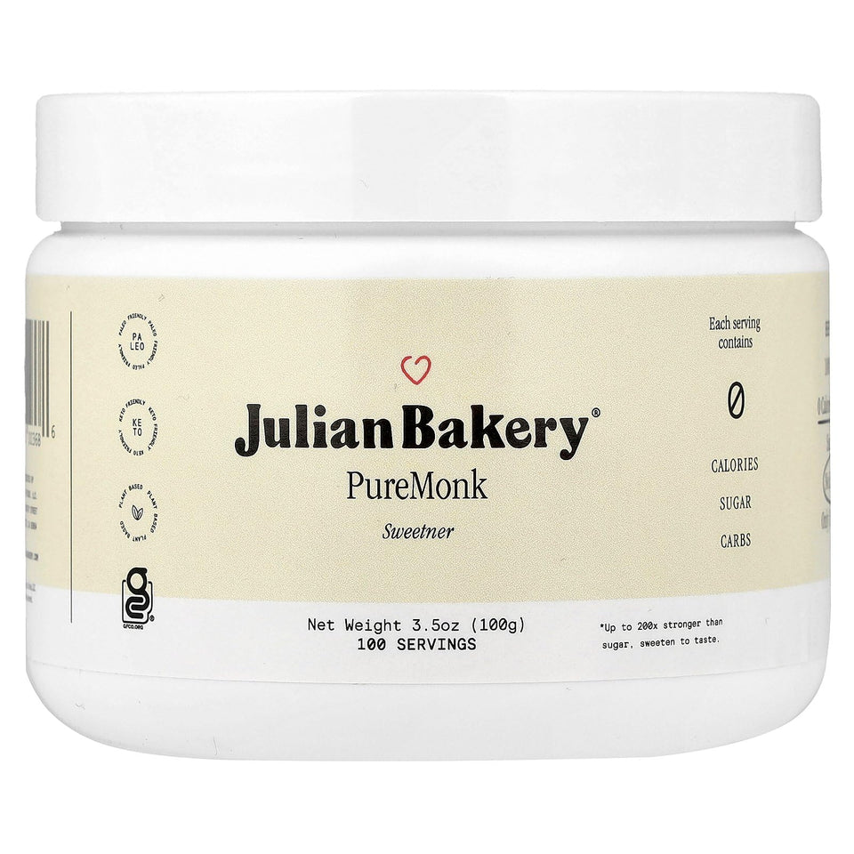 Julian Bakery Pure Monk bottle shows zero-calorie sweetness for everyday beverages.