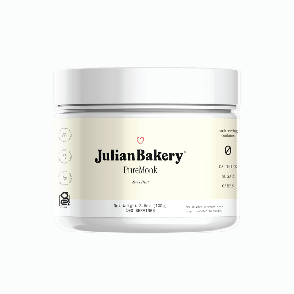 Julian Bakery Pure Monk bottle highlighting monk fruit sweetness for a sugar-free diet