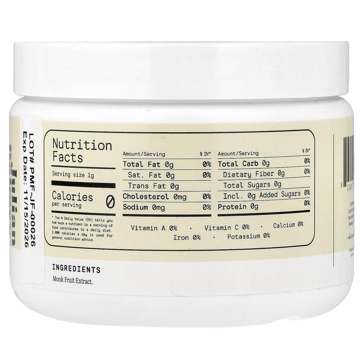 Julian Bakery Pure Monk ingredients label highlights monk fruit extract for sugar-free cooking.